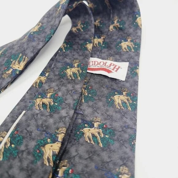 Rudolph Company | Men's Gray Reindeer & Mistletoe Print Christmas or Holiday Tie - Picture 6 of 10